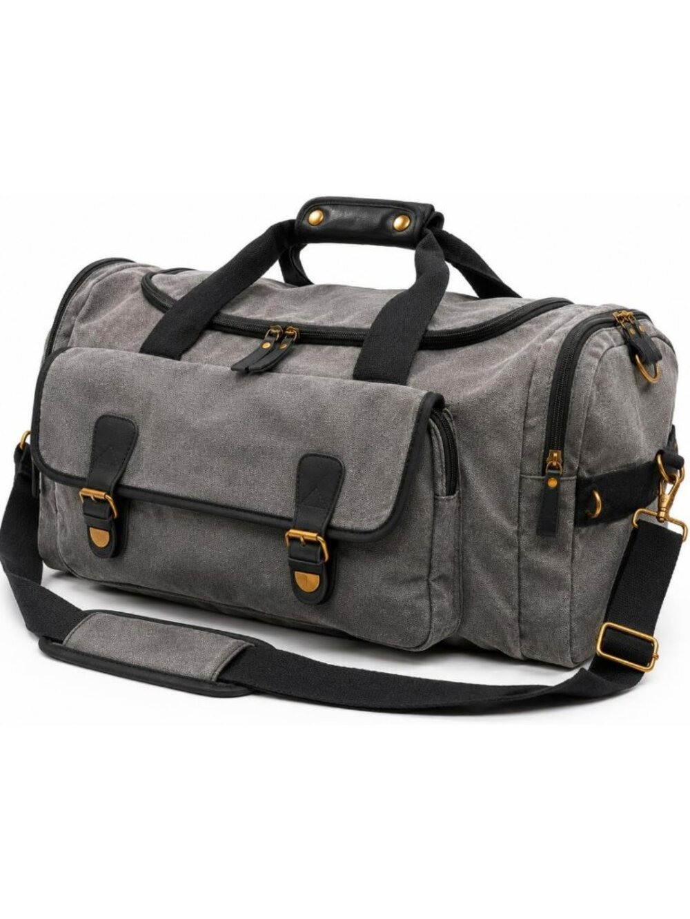 Large Oversized Canvas Weekender Duffel Bag with Leather Trim - Gray Travel Bag